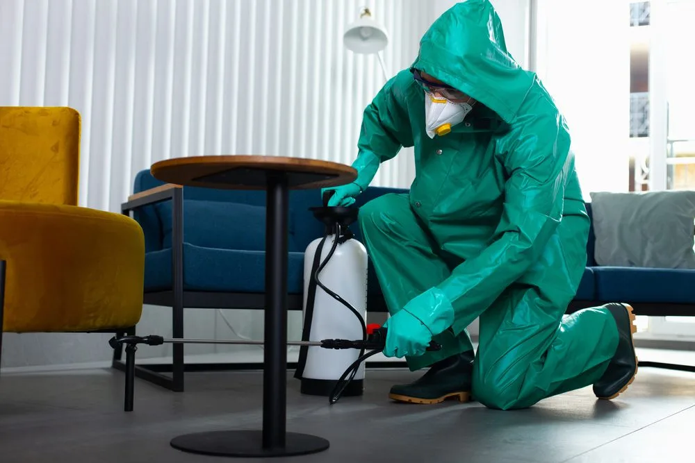 Technician in protective gear performing biohazard cleanup inside a residential living space in Edmonton